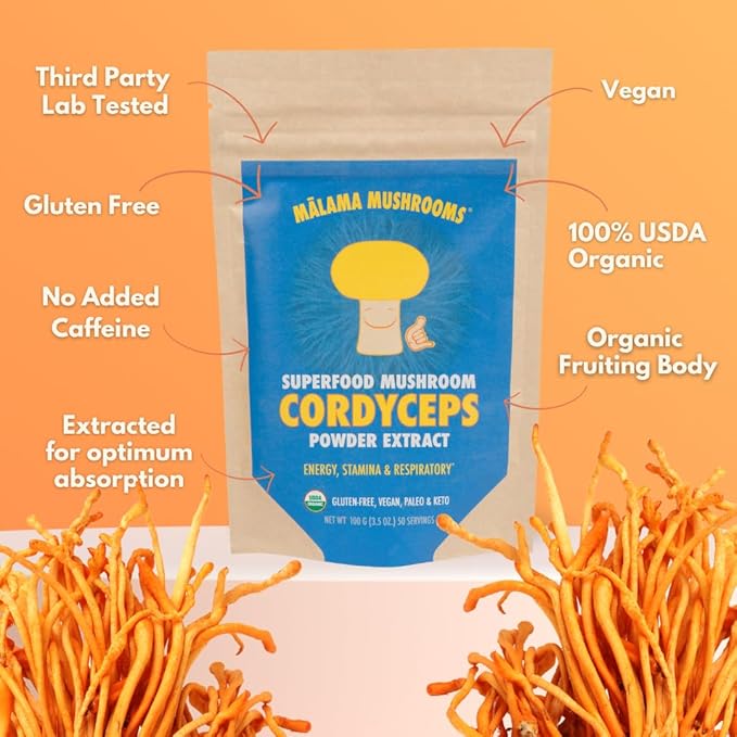 Cordyceps Extract Powder by Malama Organic Fruiting Body Cordyceps Mushroom Powder Superfood Adaptogenic Supports Energy Endurance &amp Mood 100 Servings