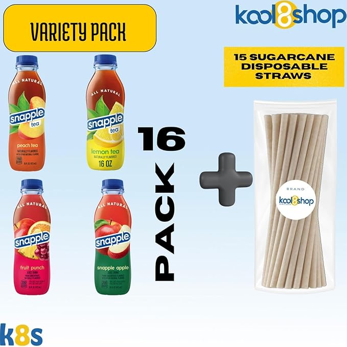 Snapple Variety Pack All Natural Fruit Juice 16 fl oz Plastic Bottle 16 Pack + 15 Sugarcane Disposable Straws by KOOL8SHOP Infinite Deals