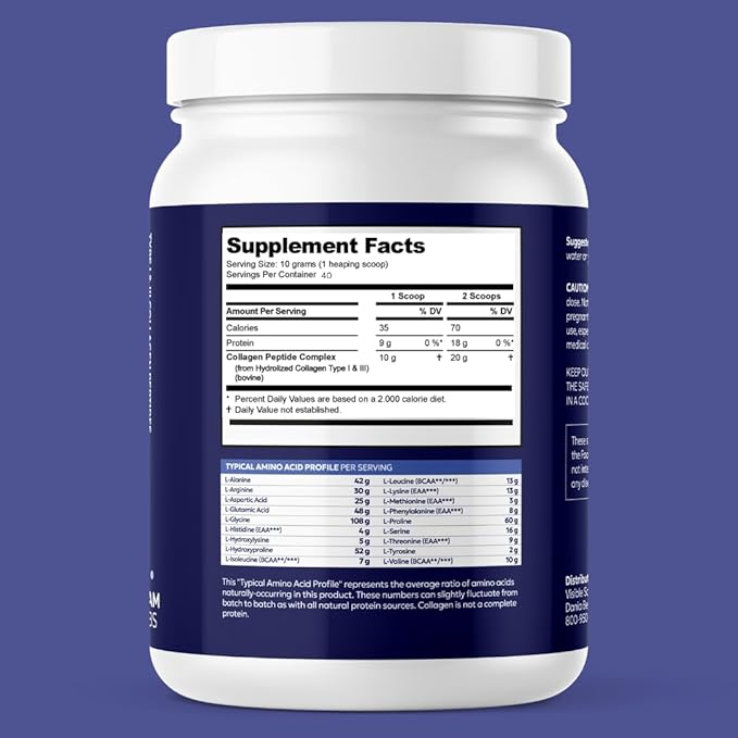 Collagen Peptides Powder Types I &amp III Grass-Fed 16 oz 20g Protein Per Serving Unflavored