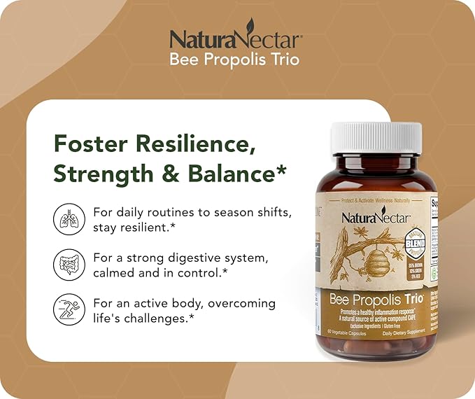 NaturaNectar - Bee Propolis Trio Capsules NSF Certified Premium Brazilian Propolis - Gluten-Free Supplements with More Diverse Flavonoids &amp PWE - Naturally Sourced Through Ethical Beekeeping (60p