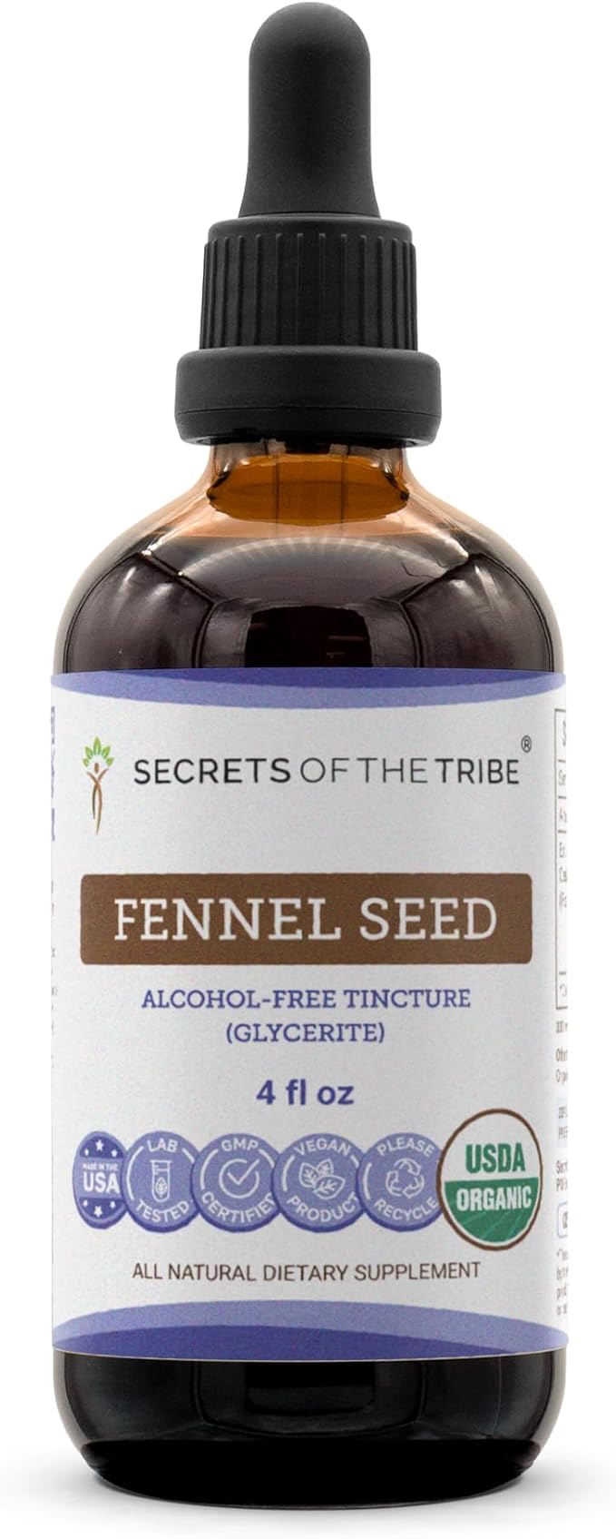 Secrets of the Tribe Fennel Seed Tincture Alcohol-Free Extract USDA Organic Fennel (Foeniculum vulgare) Dried Seed (4 FL OZ)