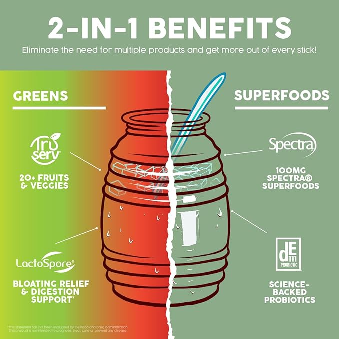 Salud 2-in-1 Greens Powder + Superfood Drink Mix Packets 20+ Fruits and Veggies Probiotics Prebiotics Supports Digestive Health Bloating Relief Vegan Strawberry Lime (15 Servings)