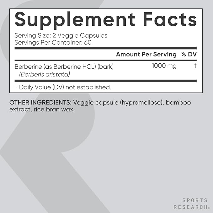 Sports Research Berberine - Herbal Ayurvedic Metabolic Health Support - 1000mg - 120 Capsules - Vegan Certified Gluten-Free Non-GMO