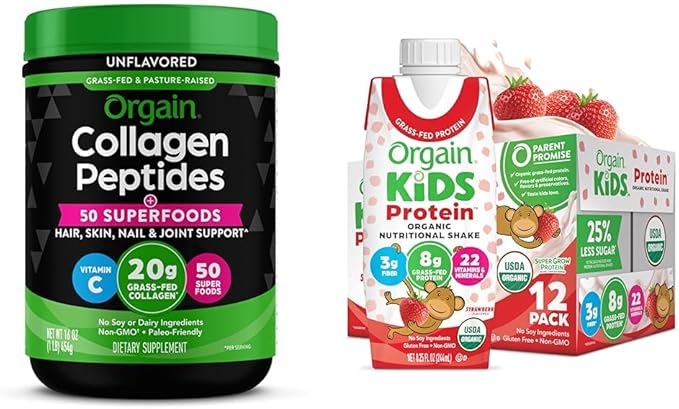 Bundle of Orgain Hydrolyzed Collagen Powder + 50 Organic Superfoods 20g Grass Fed Collagen 1lb + Orgain Organic Kids Nutritional Protein Shake Strawberry 8g Dairy Protein 8.25 Fl Oz (Pack of 12)