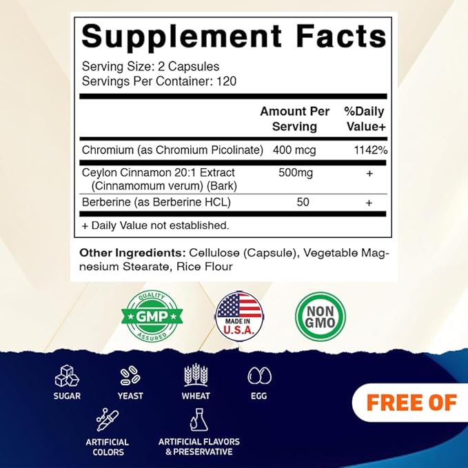 Vitamatic Ceylon Cinnamon &amp Berberine with Chromium – Plant-Based Botanical Extract – Vegetable Capsules – Non-GMO Gluten-Free – Concentrated Herbal Supplement – 240 Capsules