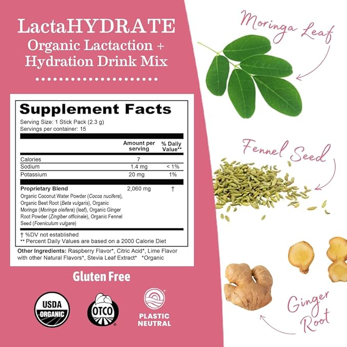 Earth Mama Organic LactaHYDRATE Lactation Drink Mix 15 Servings – USDA Certified Organic Hydration Drink with Herbs Used to Help Support Breastmilk Supply* for Breastfeeding Moms