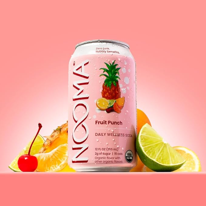 NOOMA - Daily Wellness Soda - Low Calorie &amp Low Sugar Healthy Soda - Organic &amp No Sucralose or Aspartame - Supports Muscle Recovery &amp Immune System - Vegan - Fruit Punch - 12 Pack (12oz ea
