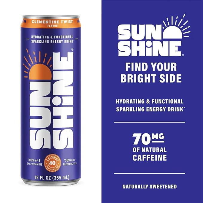 Sunshine Sparkling Energy Drink Variety Pack with Daily Essential Vitamins 360mg of Electrolytes 70mg of Natural Caffeine 12 Fl Oz (Pack of 12)
