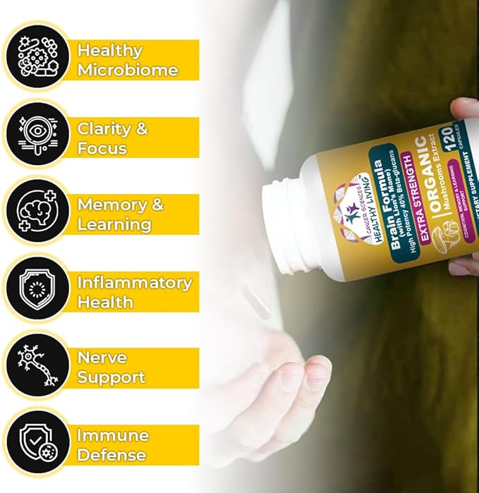 Cancer Sciences Brain Supplements for Memory and Focus - 1500mg Brain Health Mushroom Supplement for Adults &amp Seniors - High Potency 40% Beta-Glucans for Immune Support &amp Vitamins 120 Capsul