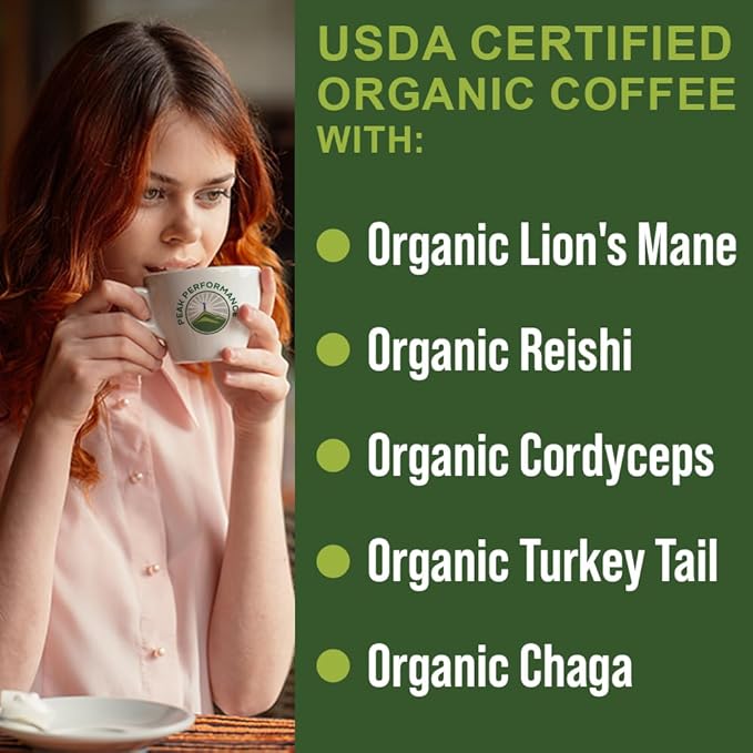 Organic Low Acid Mushroom Coffee with Lion's Mane Reishi Cordyceps Turkey Tail and Chaga Mushrooms - Great Tasting Premium High Altitude Medium Roast Ground Bags 10 oz by Peak Performance