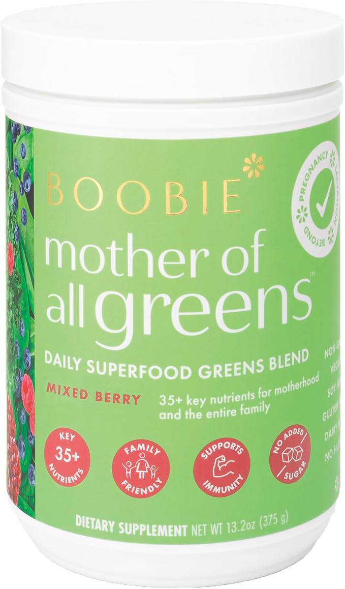 Boobie Mother of All Greens | Your New Family Ritual Daily Super Greens Powder with 35+ Essential Nutrients for Moms &amp Families | Vegan Gluten Free &amp Sugar Free | Mixed Berry Flavor 60 svg