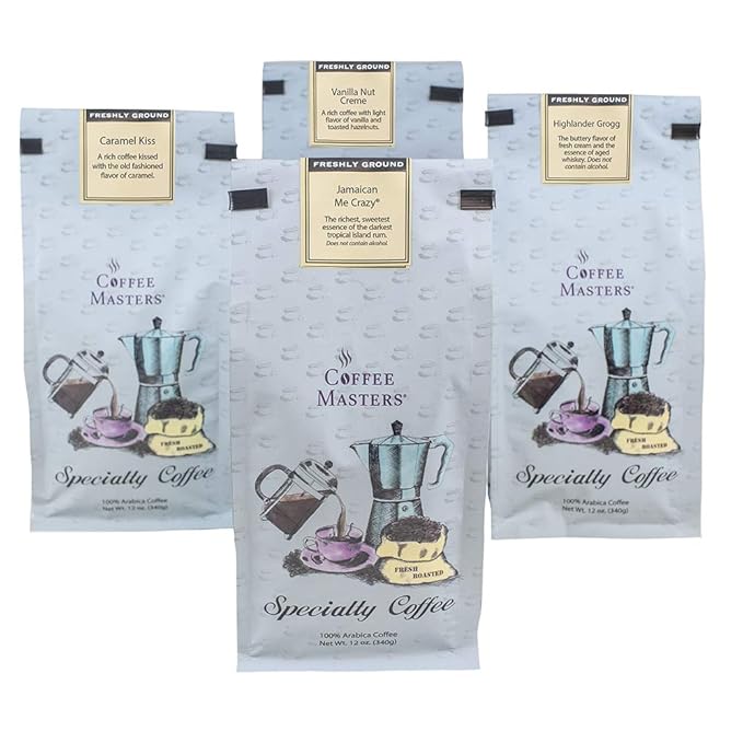 Coffee Masters Ground Coffee Sampler Jamaican Me Crazy Chocolate Raspberry Dark Chocolate Decadence Almond Amaretto 48 Ounce