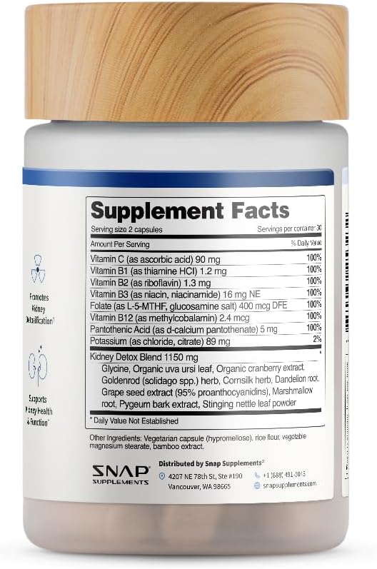 Snap Supplements Kidney Health Support Supplement - Kidney and Urinary Tract Health Support for Women and Men 60 Vegetarian Capsules (30 Servings 1 Month Supply)