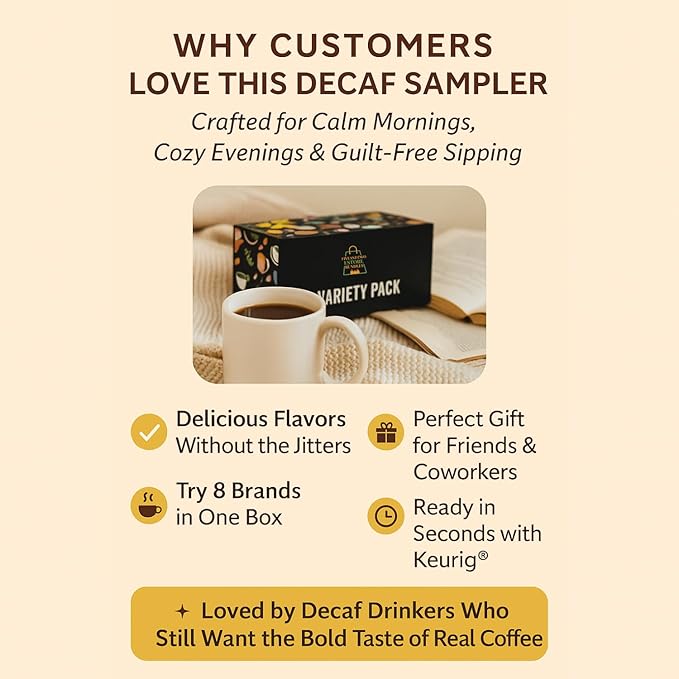 Decaf Coffee Pods Variety Pack - 16 K Cups 8 Flavors - Includes all Top Decaf Brands- Light Roast Medium Roast Dark Roast House Blend Decaf Coffee in Giftable Decaf K Cups Sampler Box for Keurig