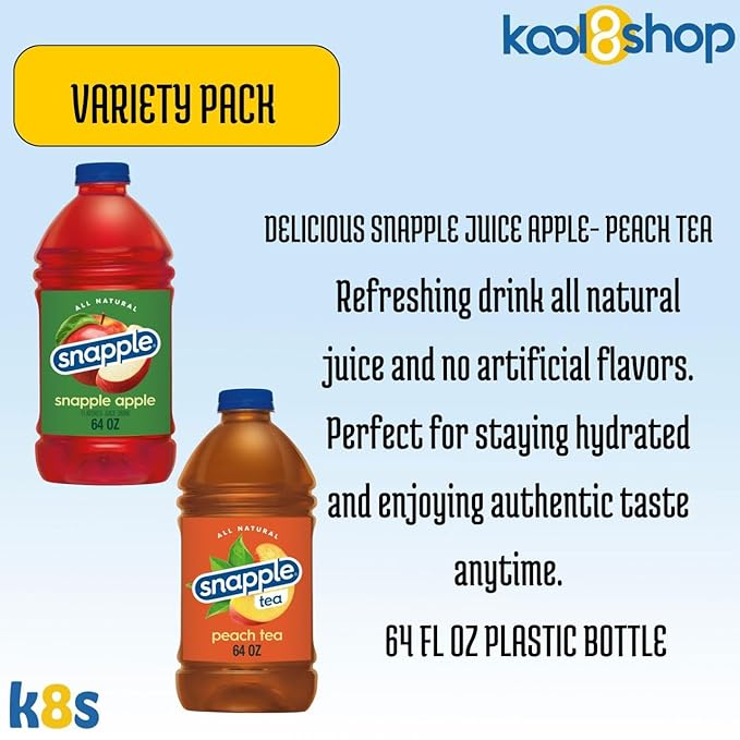 Snapple Variety Pack All Natural Fruit Juice 64 fl oz Plastic Bottle 4 Pack + 15 Sugarcane Disposable Straws by KOOL8SHOP Infinite Deals