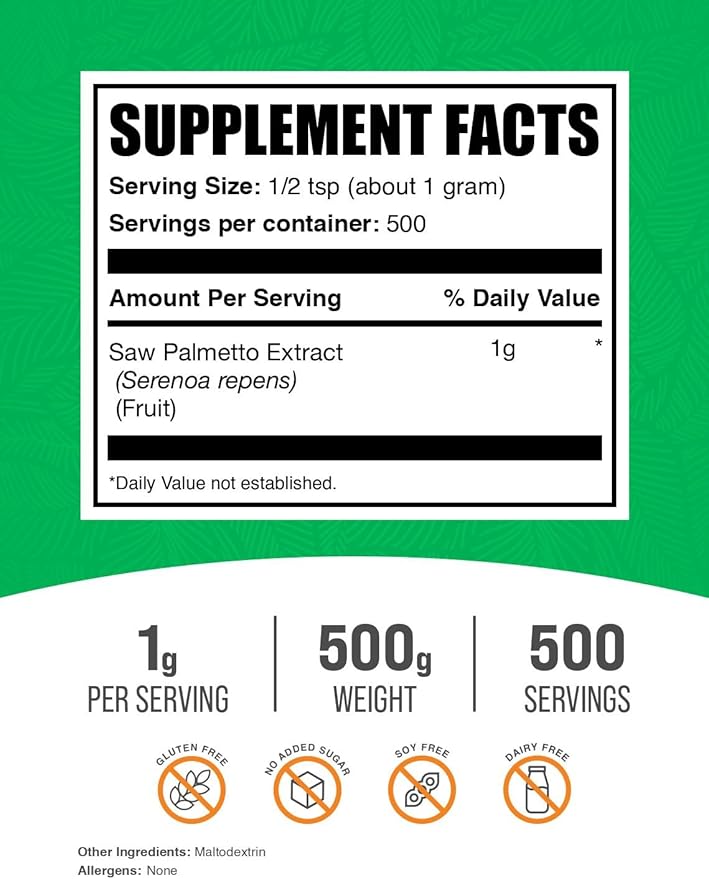 BulkSupplements.com Saw Palmetto Extract Powder - Serenoa Repens Saw Palmetto Supplement Herbal Supplement - Vegan &amp Gluten Free 1g per Serving 500g (1.1 lbs) (Pack of 1)