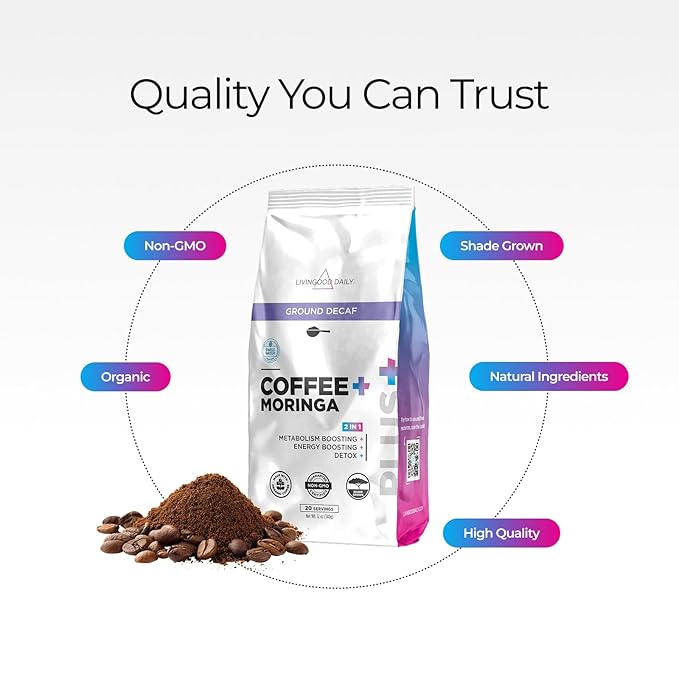 Livingood Daily Coffee with Moringa Ground Decaf Coffee with Plant Based Ingredients for Daily Wellness Made with Moringa Powder Organic Non GMO Vegan Gluten Free 20 Servings 12 oz Bag