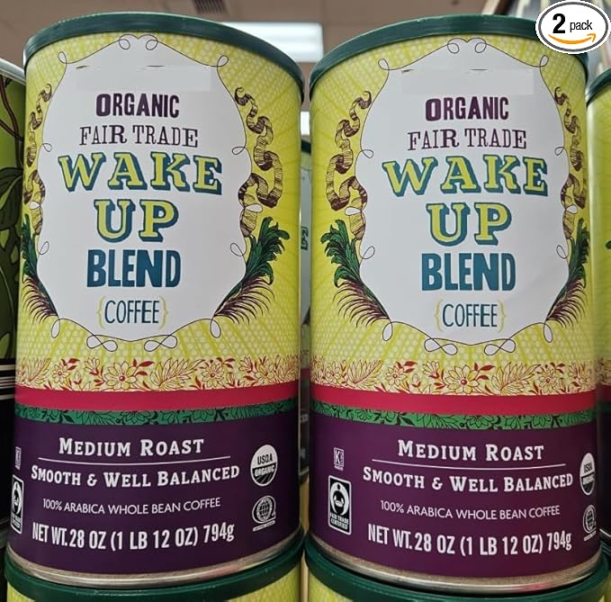 Trader Joe Organic Wake Up Blend Medium Roast Whole Bean Coffee 28oz 794g (Two Rolls)