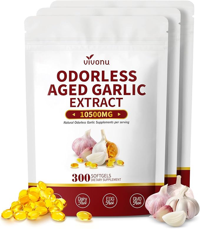 VivoNu Aged Garlic Extract Capsules 10500mg Odorless Garlic Supplements with Magnesium Chromium B1 &amp B9 Supports Immune Health &amp Heart Function| 2 Years Matured | 300 Softgels