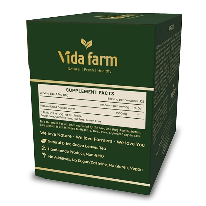 VIDA FARM 125 Premium Guava Leaf Tea Bags Zero Sugar Tea Handpicked 100% Pure and Natural Guava Leaves Non-GMO No Caffeine Gluten-Free Vegan