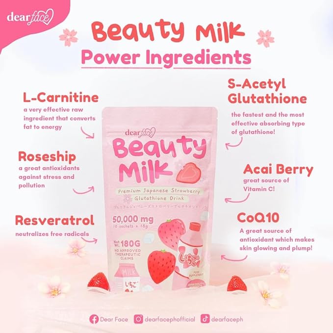 Dear Face Beauty Milk Japanese Collagen Strawberry Drink - 50000mg Hydrolyzed Collagen 6.3 Ounce (Pack of 1)