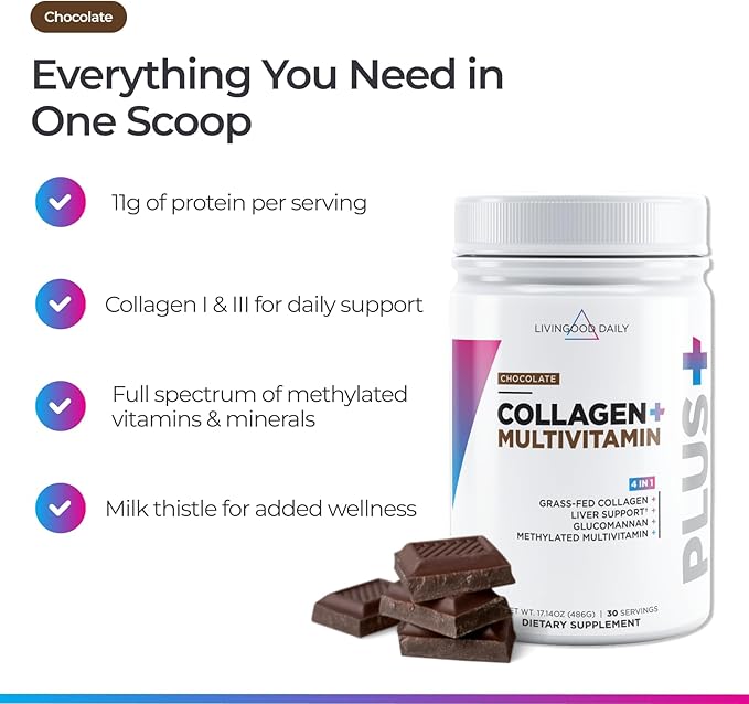 Livingood Daily Collagen Powder for Women &amp Men Grass Fed Hydrolyzed Collagen Peptides Protein &amp Multivitamins for Healthy Hair Skin &amp Nails Keto &amp Paleo Gluten Free Chocolate 3