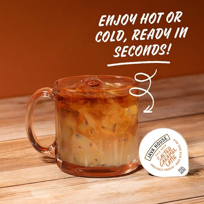 JAVA HOUSE Salted Caramel Latte Cold Brew Coffee Pods (12 Count) Peel and Pour Pods Hot or Iced