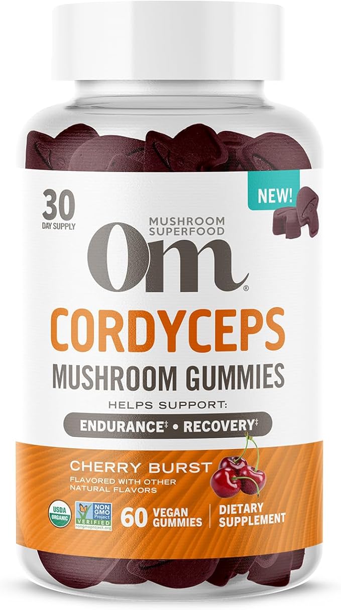 OM MUSHROOM SUPERFOOD Cordyceps Gummies – USA Grown Organic Mushrooms – Supports Endurance Energy &amp Recovery – Cherry Burst Flavour – 30 Servings 60 Count.