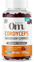 OM MUSHROOM SUPERFOOD Cordyceps Gummies – USA Grown Organic Mushrooms – Supports Endurance Energy &amp Recovery – Cherry Burst Flavour – 30 Servings 60 Count.