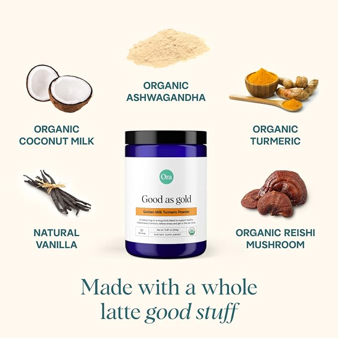 Ora Organic Golden Milk Powder - Ayurvedic Turmeric Powder with Organic Adaptogens - Ashwagandha Reishi and Ginger | Organic Gluten-Free Soy-Free Vegan Non-GMO - Maple &amp Vanilla 30 Servings