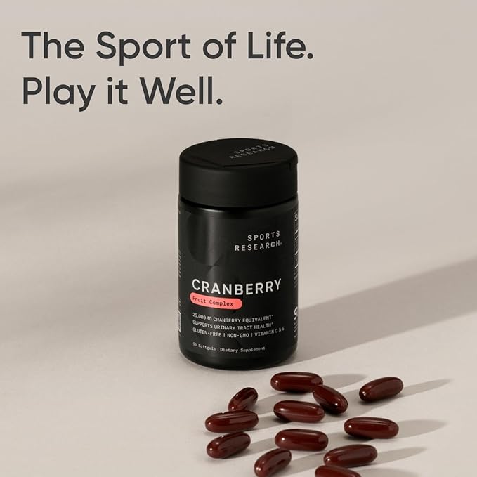 Sports Research Cranberry Fruit Complex Supplement - Softgels for Urinary Tract Health Support - Equal to 25000mg of Cranberries Made with Pacran &amp Vitamins C &amp E - Non-GMO &amp Gluten Free
