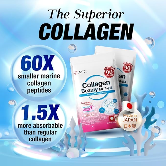 AFC Japan Collagen Beauty MCP-EX with Marine Collagen Peptide 1.5X Better Absorption Than Other Collagen for Anti-Aging Skin Hair Nails Bone and Joints for Women &amp Men 90 Days Supply