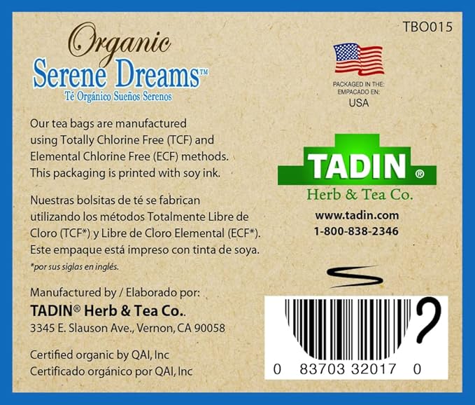 Tadin Organic Serene Dreams Tea Caffeine Free Herbal Tea to Support a Good Night's Rest 20 Tea Bags Per Box Pack of 6