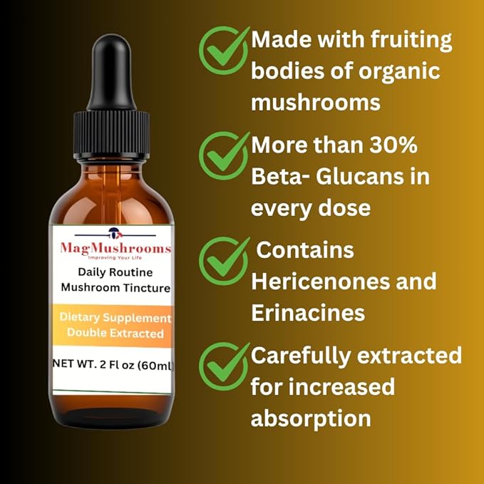 Daily Routine Mushroom Tincture High Potency Double Extracted 60 Daily Doses Blend of Lion's Mane Cordyceps Reishi Turkey Tail and Chaga