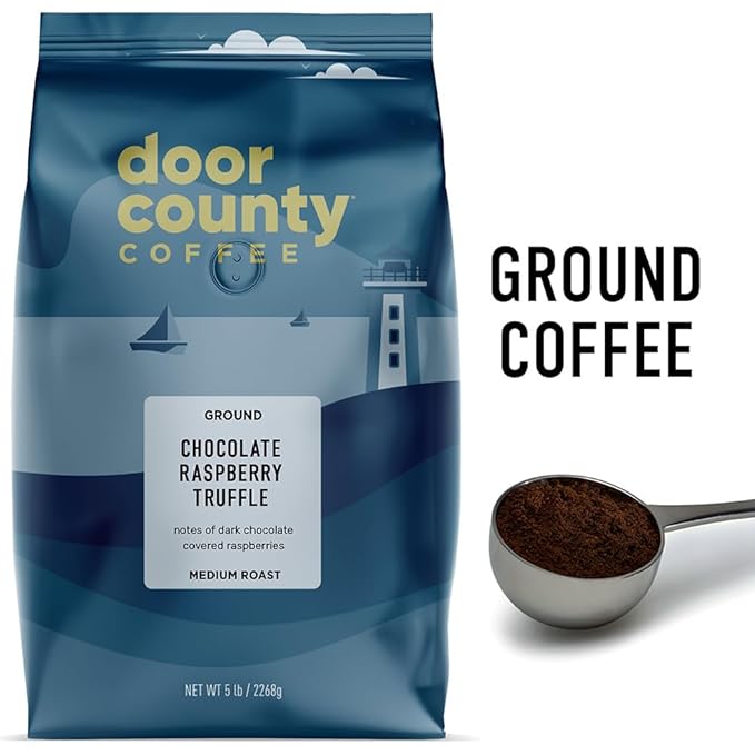 Door County Coffee Chocolate Raspberry Truffle Flavored Coffee Ground - 5lb Bag - Medium Roast - 100% Specialty Arabica - Gourmet - Dark Chocolate Covered Raspberry Flavored