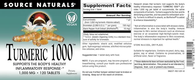 Source Naturals Turmeric 1000 Supports the Body’s Healthy Inflammatory Response* 1000mg - 120 Tablets
