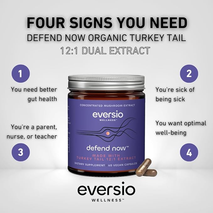 Organic Turkey Tail Capsules – 12:1 Extract 45% Beta Glucans - Fruiting Body Mushroom Supplement for Immune Support – 60 Vegan Capsules (Defend Now)