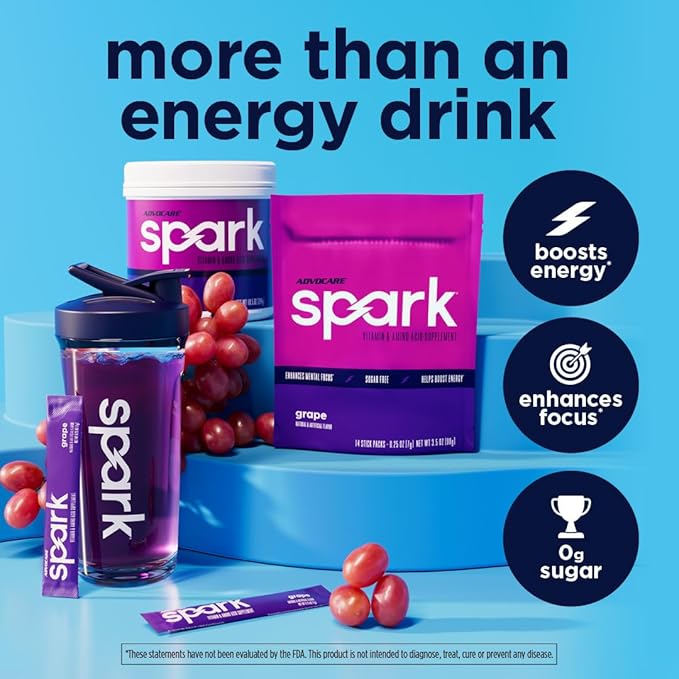 AdvoCare Spark - Energy Drink Mix - Vitamin &amp Amino Acid Supplement - Supports Energy &amp Focus* - Portable Immune Support* - Sugar-Free - Grape 14 Stick Packs (3.5 oz)
