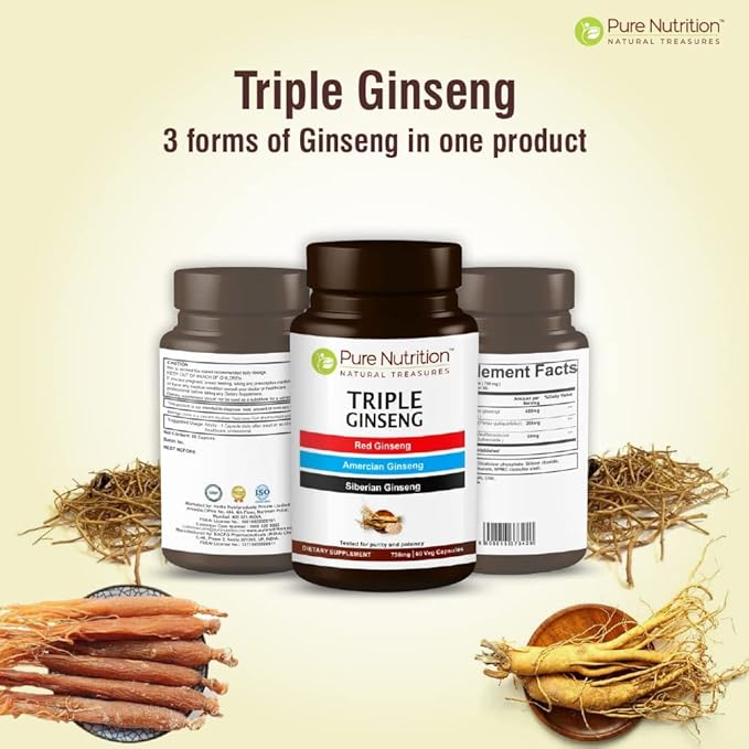 Pure Nutrition Triple Ginseng 650mg | 120 Caps | Complex for Men and Women | Highly Effective Combination of Red American and Siberian Ginseng. Non GMO