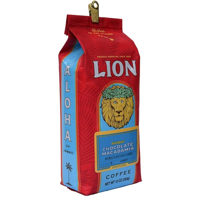 Lion Coffee Chocolate Macadamia Nut Flavored Coffee (Ground Light Medium Roast International Blend 10oz Bag)