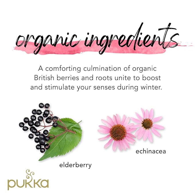 Pukka Organic Tea Bags Elderberry &amp Echinacea Herbal Tea Perfect for Wellness Support 20 Count (Pack of 3) 60 Tea Bags