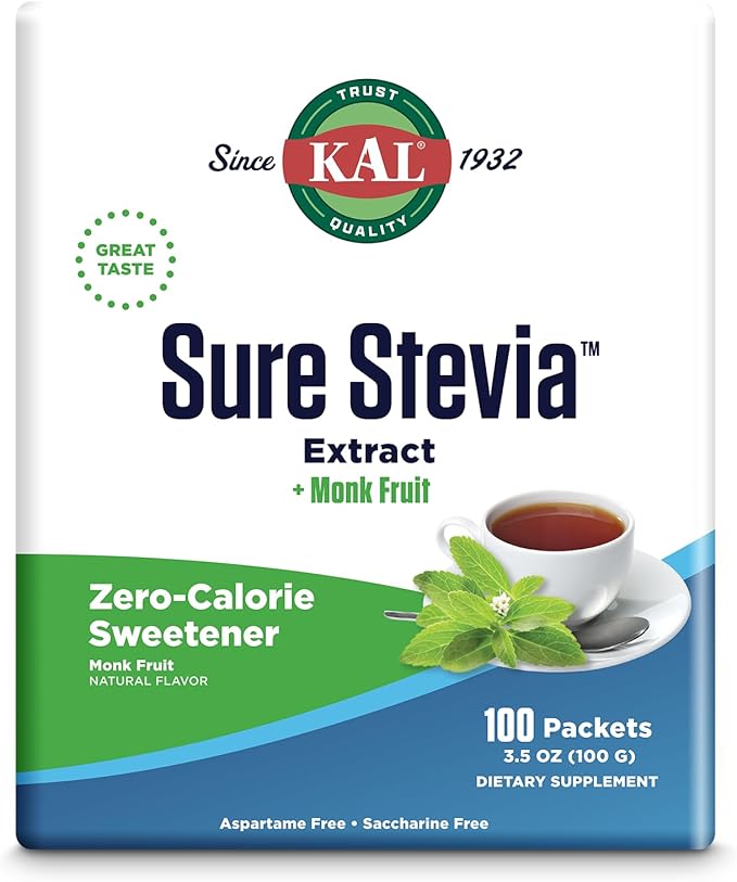 KAL Sure Stevia Plus Monk Fruit Sweetener - Great Tasting Zero Calorie Sugar Free Sweetener - Low Glycemic Perfect for a Keto Diet or Low Carb Diet 60-Day Guarantee 3.5oz 100 Single-Serve Packets