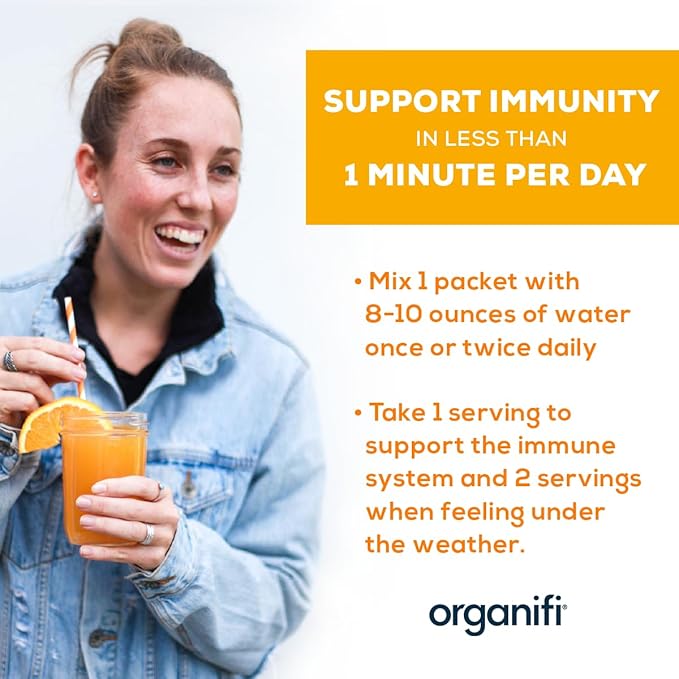 Organifi Immunity - Organic Superfood Immunity Support - 15 Single Serve Packets - Immunity Powder for T Cell Production and Upper Respiratory Health - Mushroom Beta Glucans Vitamin C D and Zinc