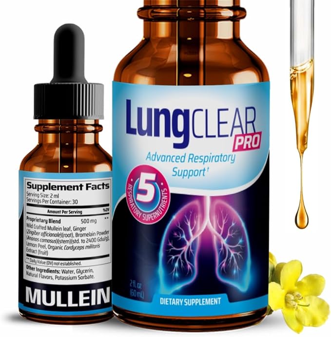 Lung Support Supplement Drops with Wild Mullein Leaf Extract for Lungs and Mucus Relief Support - 2 Fl oz