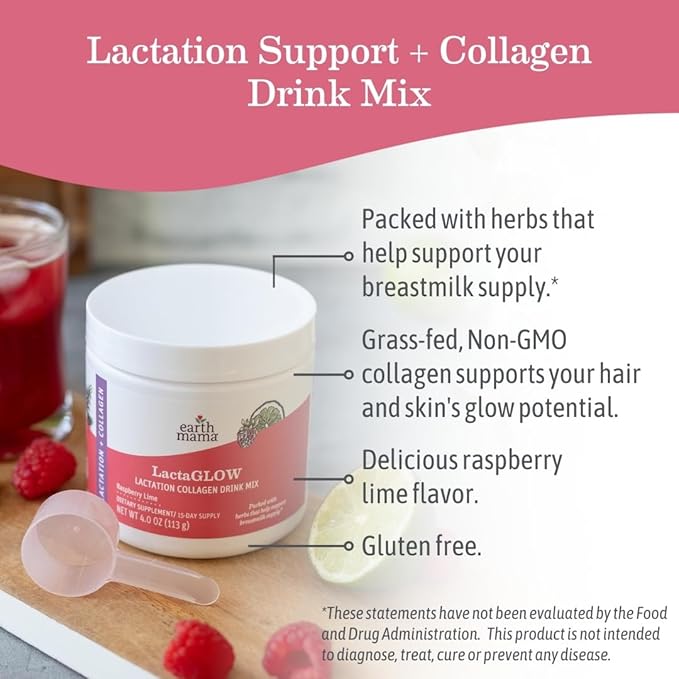 Earth Mama LactaGLOW Collagen Drink Mix 15 Servings – Drink Mix with Grass-Fed Collagen &amp Herbs to Help Support Breastmilk Supply* for Nursing Moms