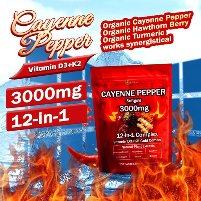 AuriLabs Cayenne Pepper Softgels Supplement Supports Leg Vein Heart and Blood Vessel Health with Vitamin E D3+K2 and Extracts of Grape Seed Hawthorn Beetroot and Others (1)