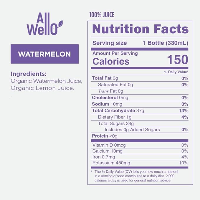AllWellO Organic Cold Pressed Juice Drinks with Real Fruits and Vegetables Gluten Free Non-GMO Healthy Juices No Preservatives No Sugar Added (Watermelon 6 Pack)