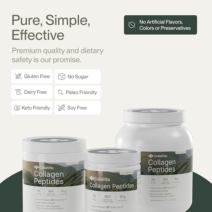 Collagen Peptides Powder Grass-Fed Pasture-Raised Hydrolyzed Collagen Powder Type I &amp III Hair Nails Skin and Joints Non-GMO Paleo &amp Keto Unflavored 16 Fl oz. 45 Servings