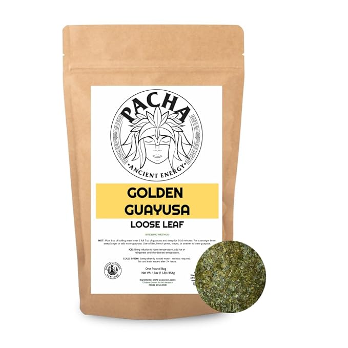 Guayusa Loose Leaf Tea by PACHA | 66mg Caffeine | Naturally High in Antioxidants L-Theanine &amp Theobromine | Sustained Energy Herbal Tea (1 Pound (Pack of 1) Golden Guayusa)