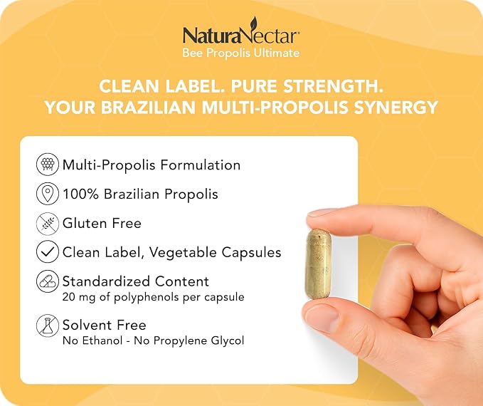 NaturaNectar - Ultimate Bee Propolis Capsules - NSF Contents Certified -Brazilian Red Brown &amp Green - Gluten-Free Supplement with Flavonoids - Naturally Sourced Through Ethical Beekeeping (60pcs